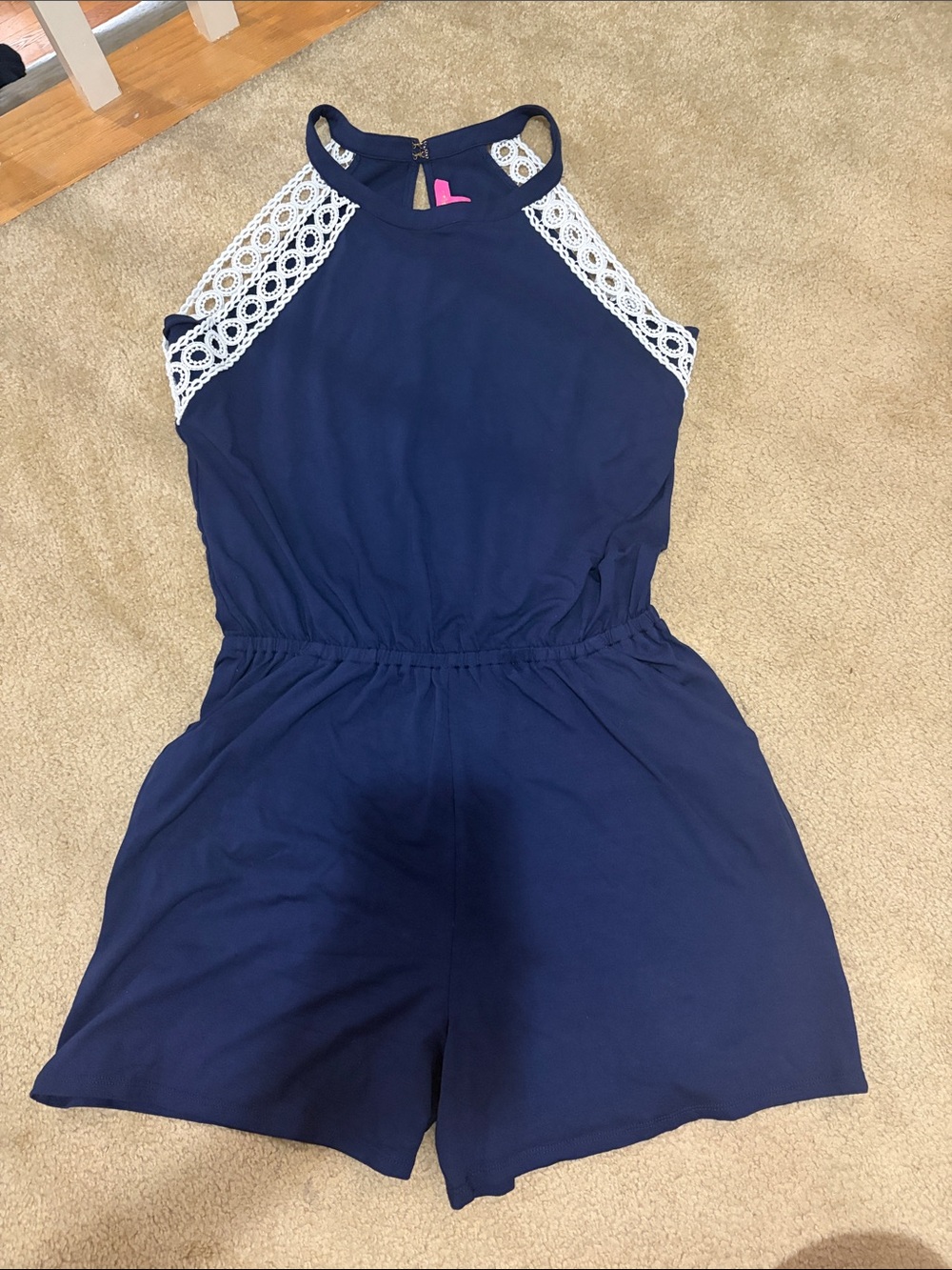 Lilly Pulitzer Navy Halter Romper with White Crochet Trim